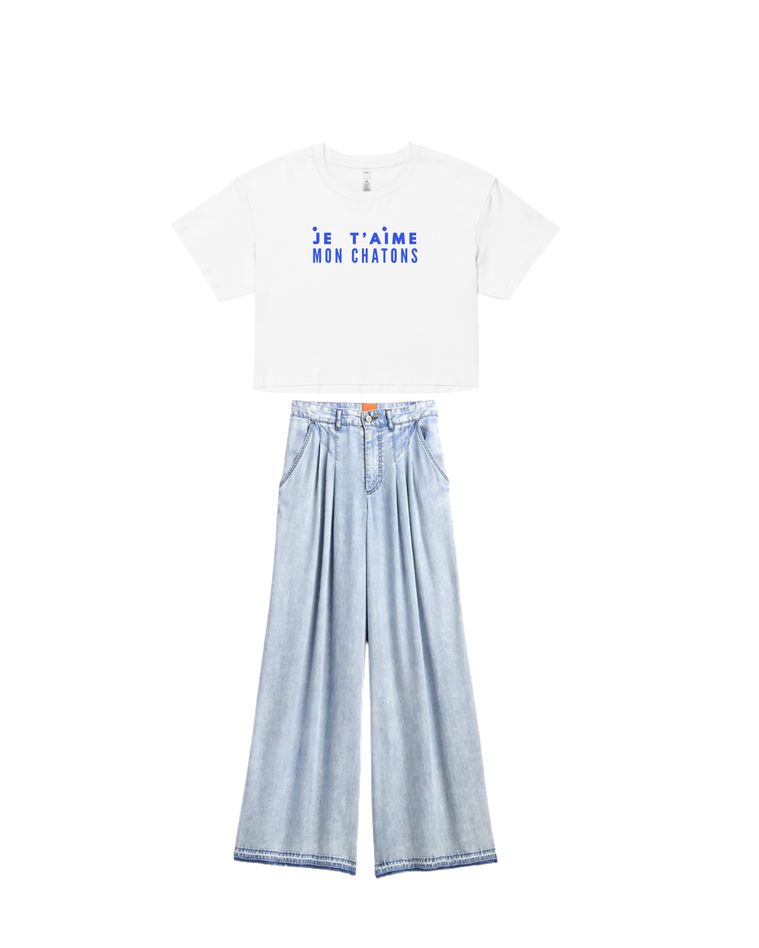 White t-shirt with text and light blue wide-leg pants on a white background