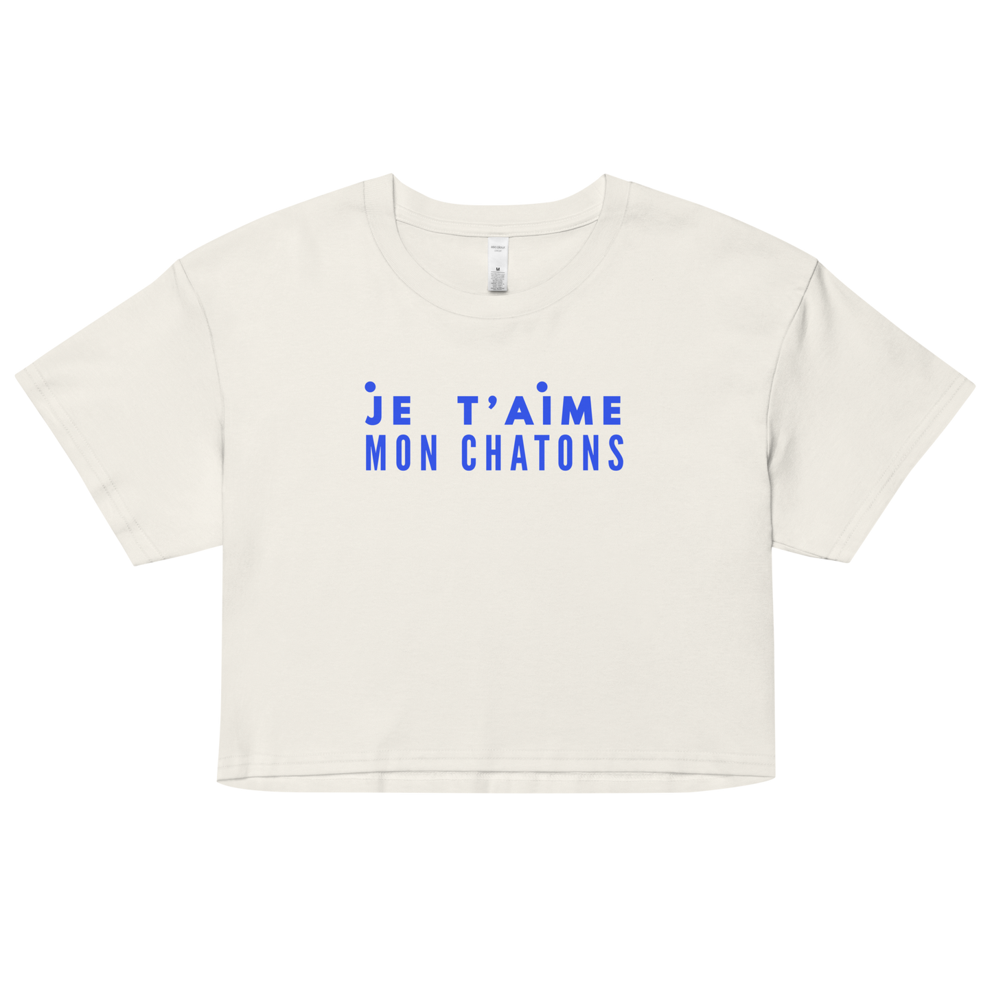 White crop top with blue text 'Je t'aime mon chatons' on a white background