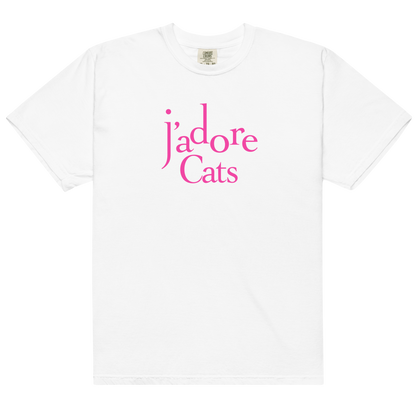 White t-shirt with pink text 'j'adore Cats' on a white background