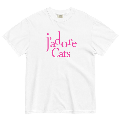 White t-shirt with pink text 'j'adore Cats' on a white background