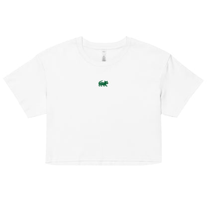 White t-shirt with a green logo on a white background