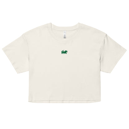 White crop top with a green logo on a white background