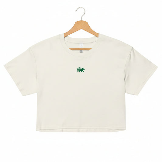 White crop top with a green logo on a white background