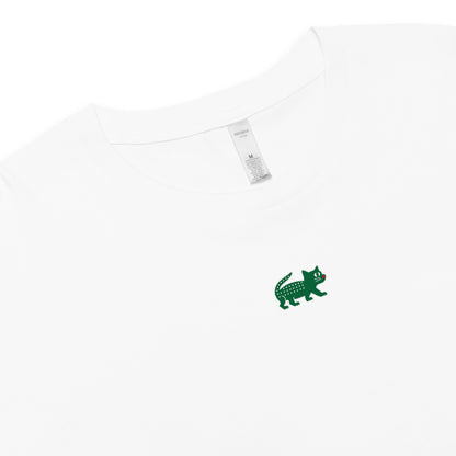 White t-shirt with a green logo on a white background