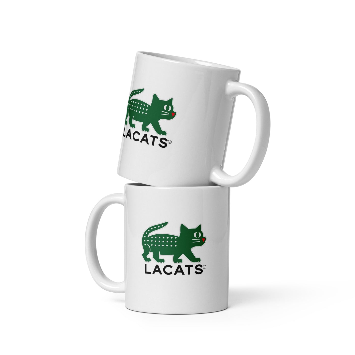 Two white mugs with green and black 'LACATS' logo on a white background