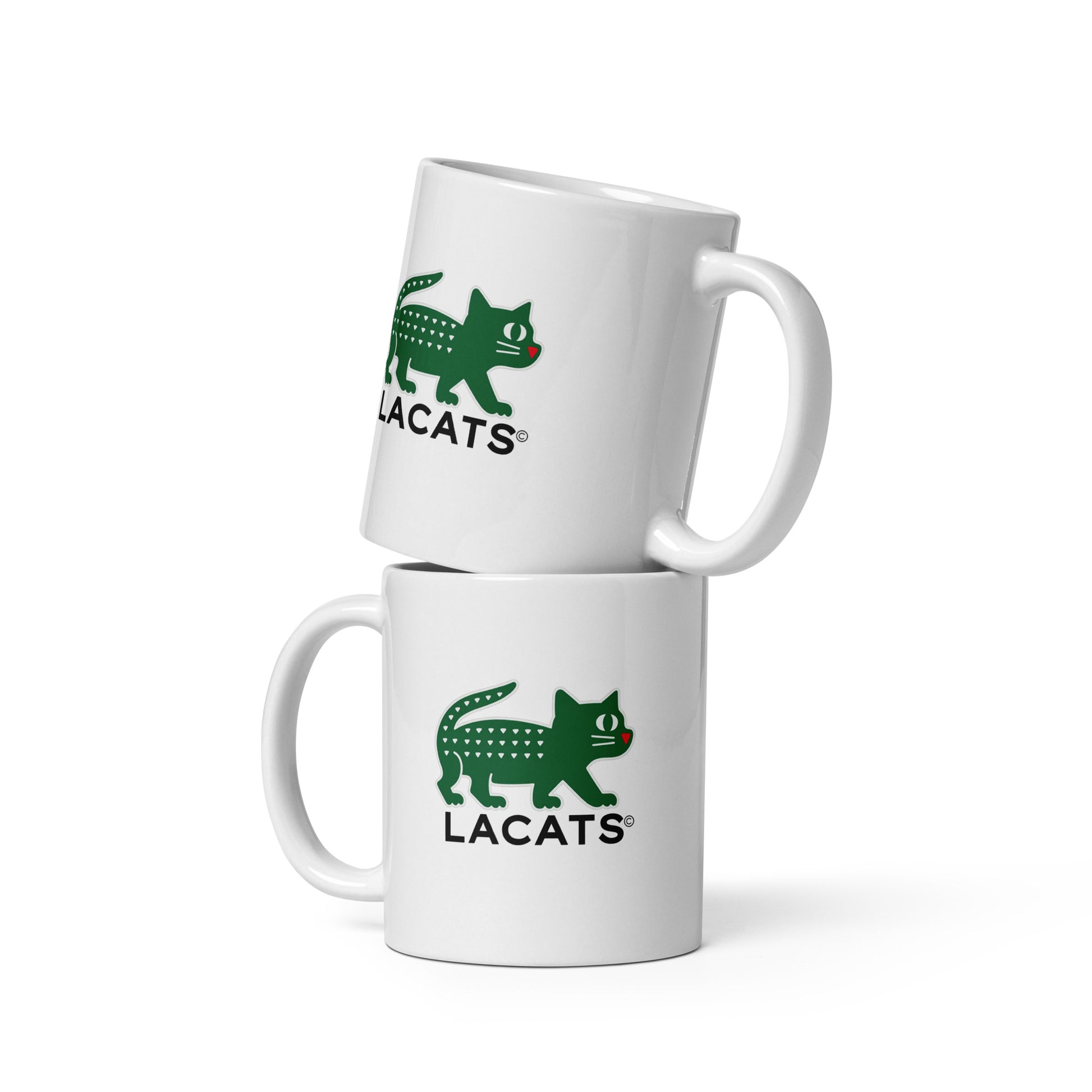 Two white mugs with green and black 'LACATS' logo on a white background