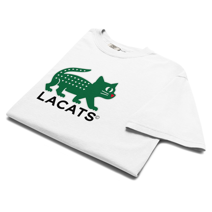 White t-shirt with green and black logo on a white background