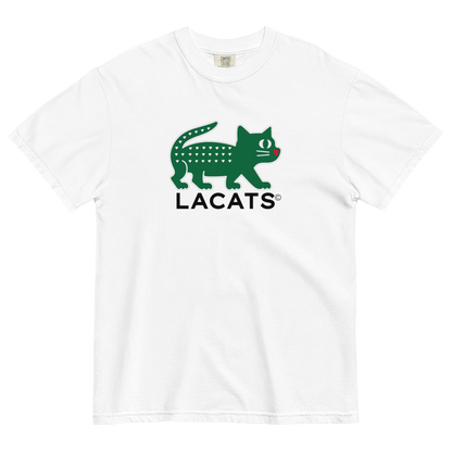 White t-shirt with green and black 'LACATS' logo on a white background