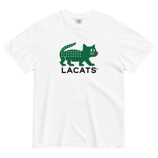White t-shirt with green and black 'LACATS' logo on a white background
