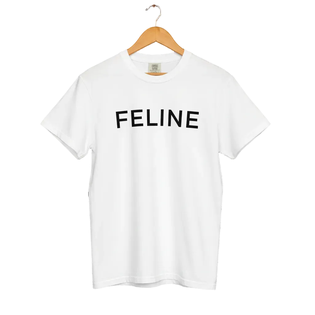 White t-shirt with 'FELINE' text on a white background