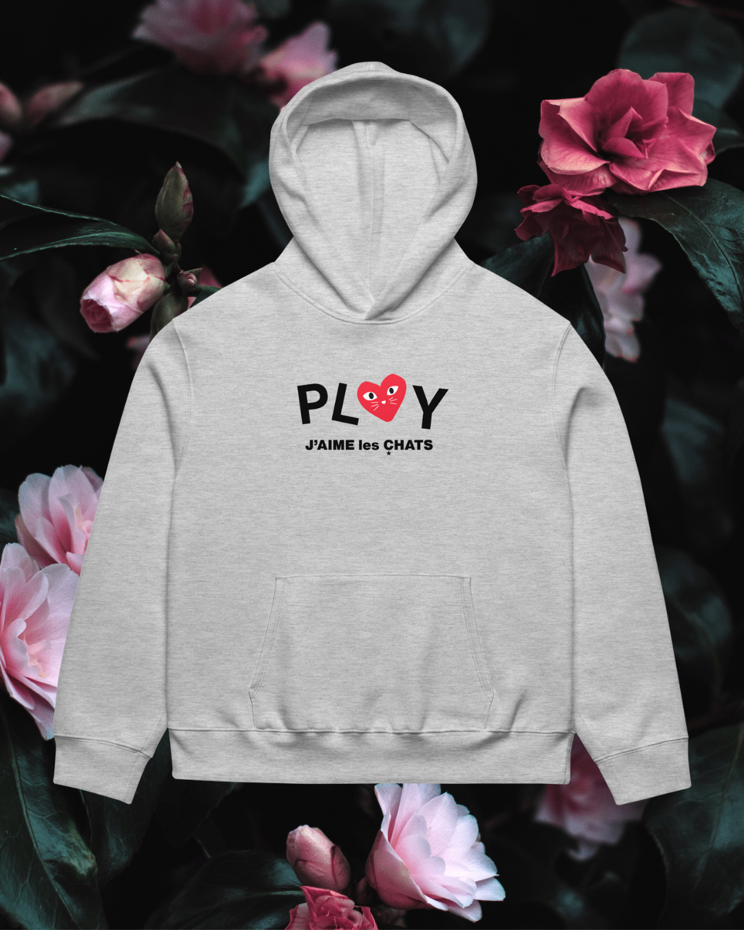 Gray hoodie with 'PLOV J'AME LES CHATS' text on a floral background