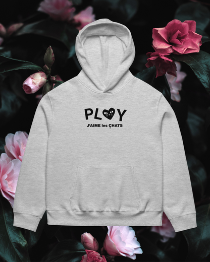 Gray hoodie with 'PLOY J'AIIME les CHATS' text on a floral background