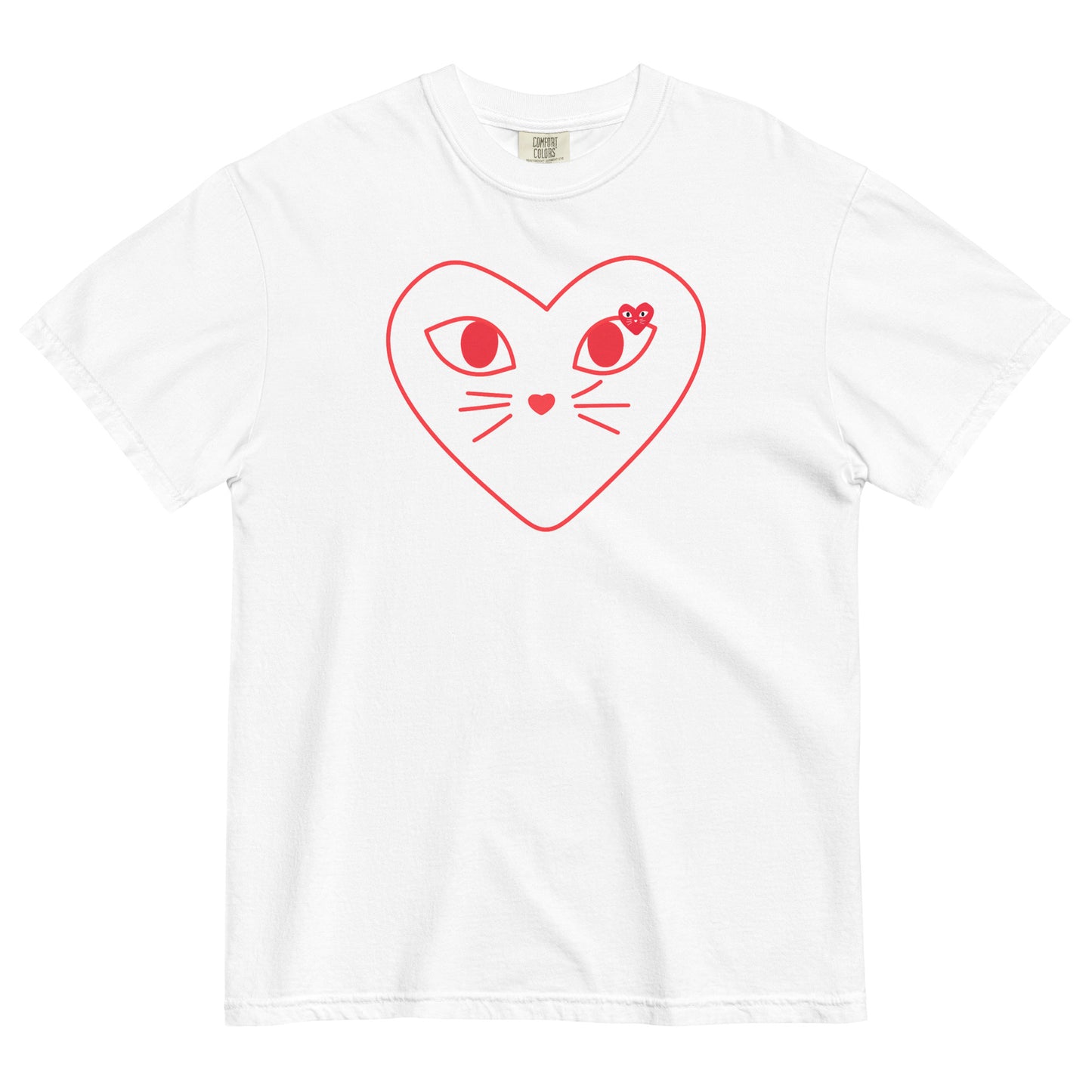 White t-shirt with a red heart-shaped cat face design on a white background