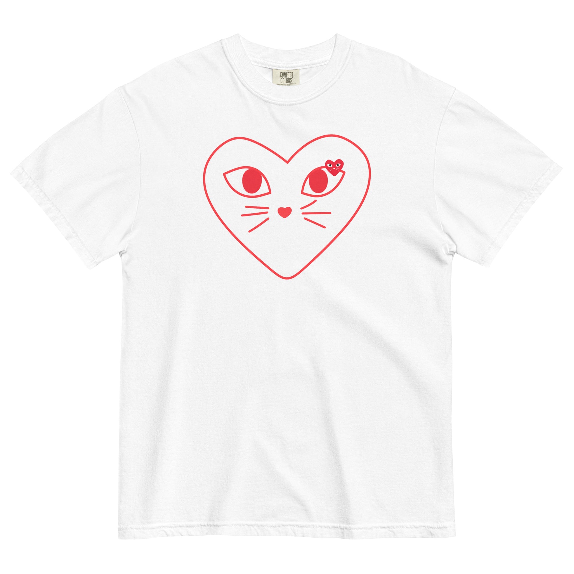 White t-shirt with a red heart-shaped cat face design on a white background