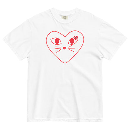 White t-shirt with a red heart-shaped cat face design on a white background