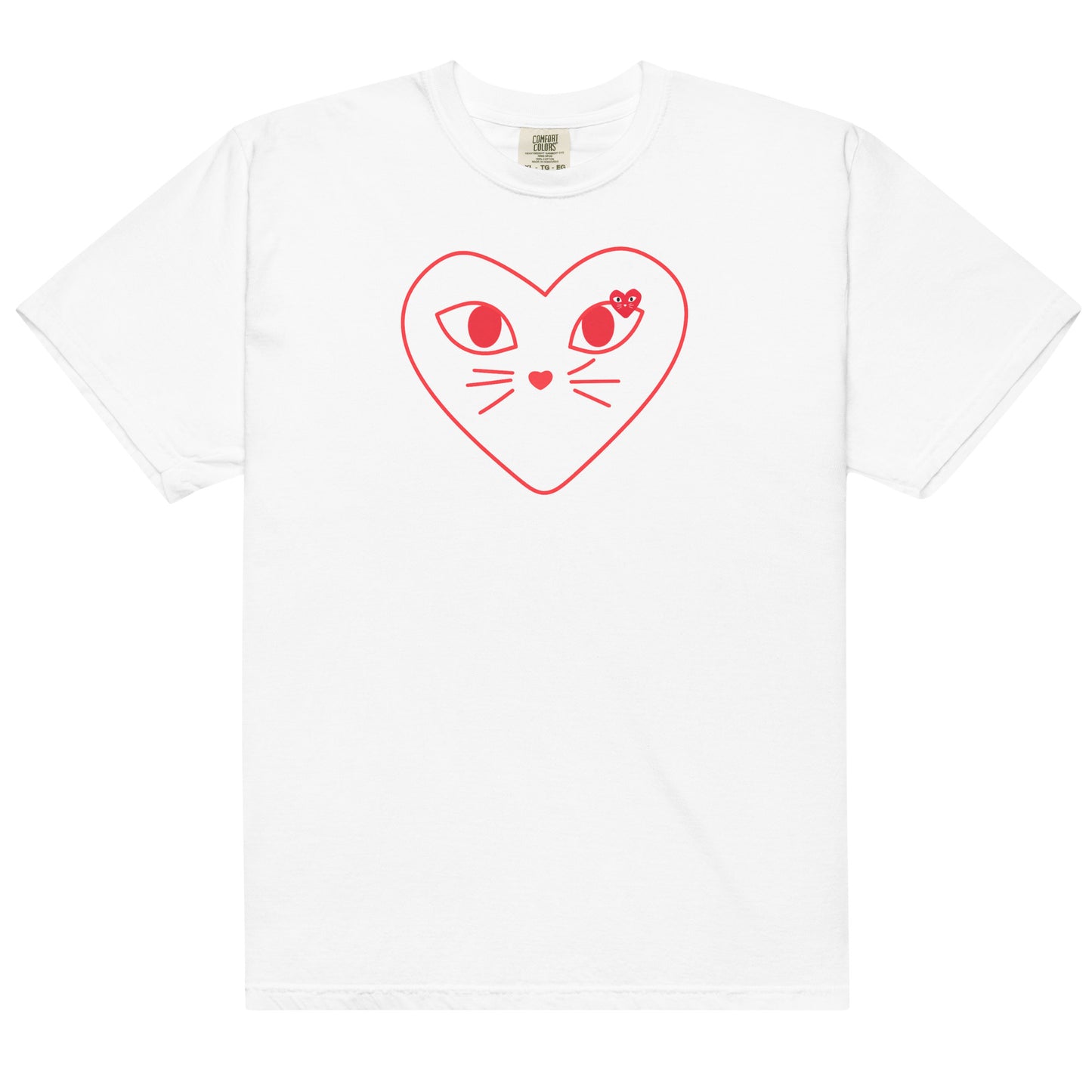 White t-shirt with a red heart-shaped cat face design on a white background
