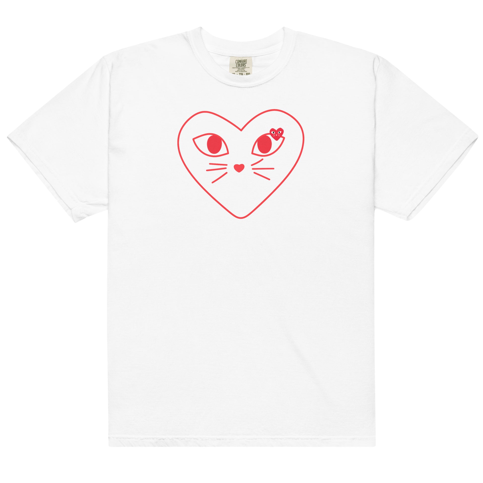 White t-shirt with a red heart-shaped cat face design on a white background