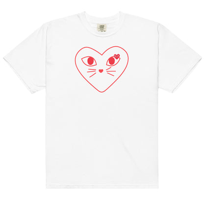 White t-shirt with a red heart-shaped cat face design on a white background