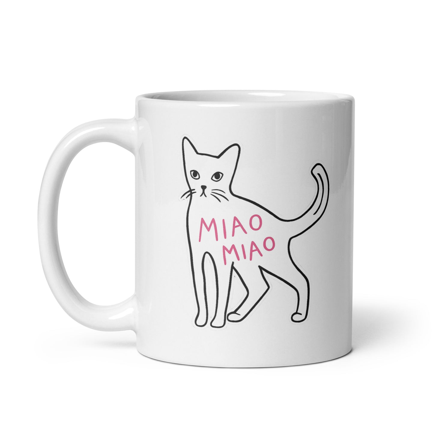 White mug with a cat illustration and 'MIAO MIAO' text on a white background