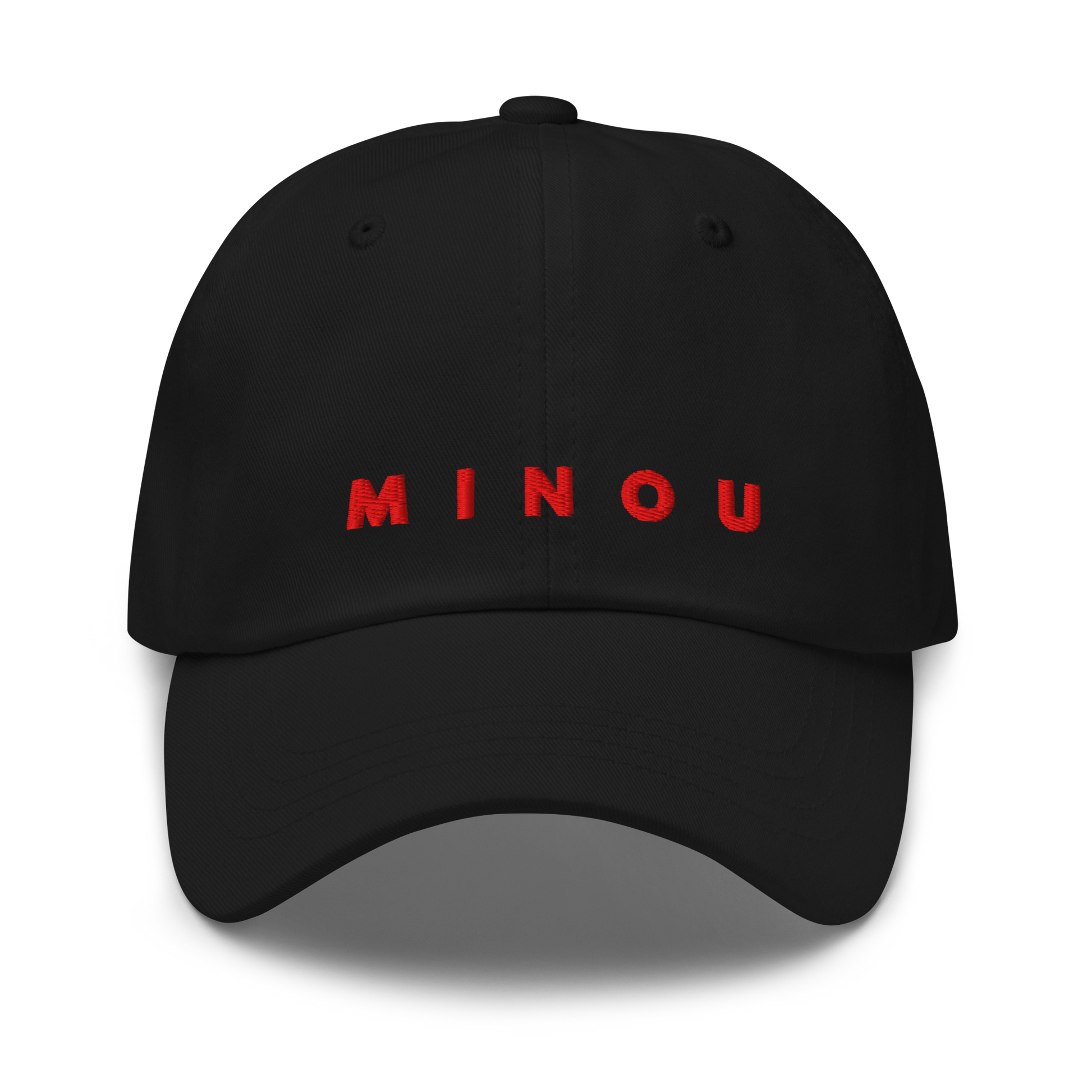 Black cap with red 'MINOU' text on a white background