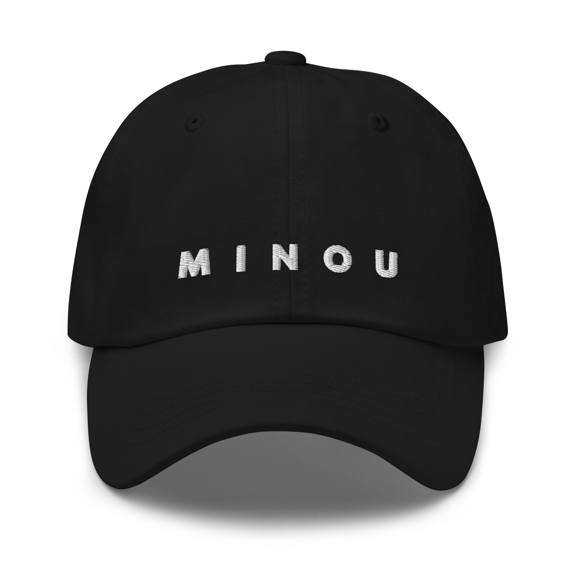 Black cap with 'MINOU' text on a white background