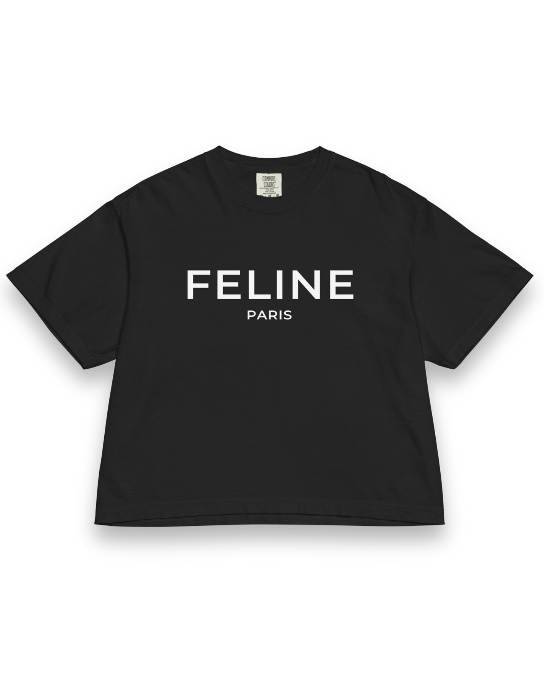 Black t-shirt with 'FELINE PARIS' text on a white background