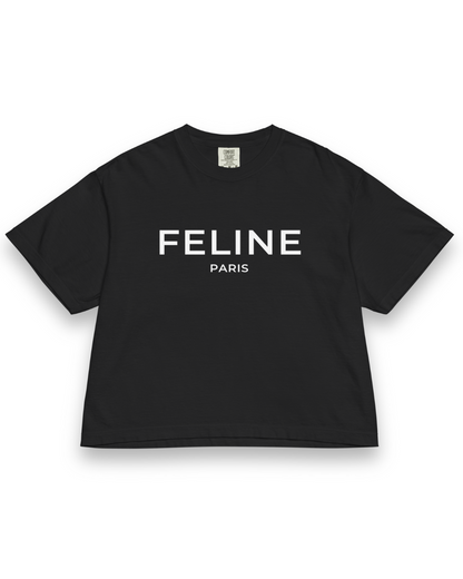 Black t-shirt with 'FELINE PARIS' text on a white background
