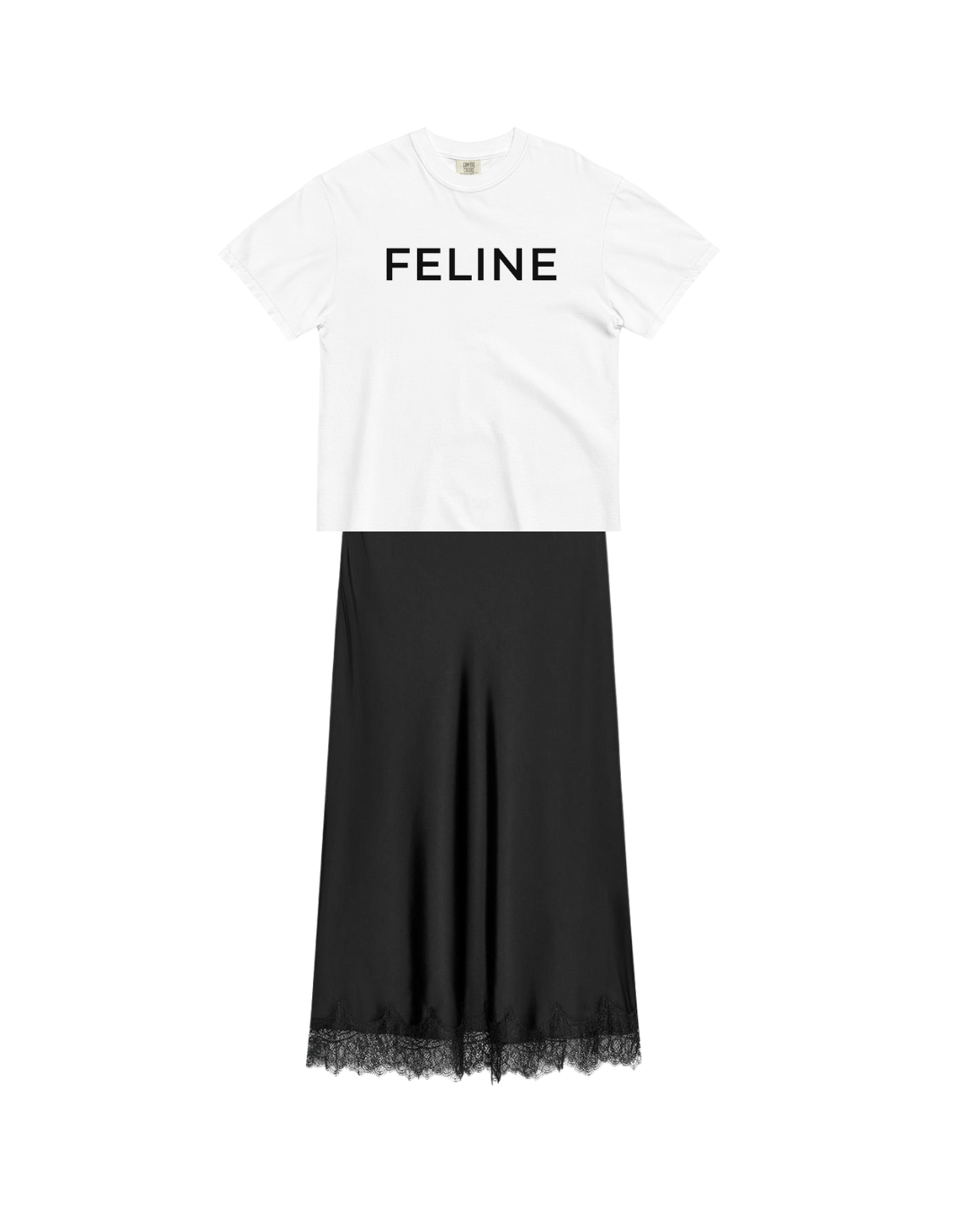 White t-shirt with 'FELINE' text and black skirt on a white background