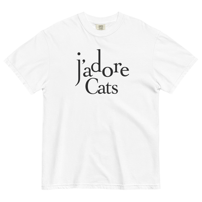 White t-shirt with 'jádore Cats' text on a white background