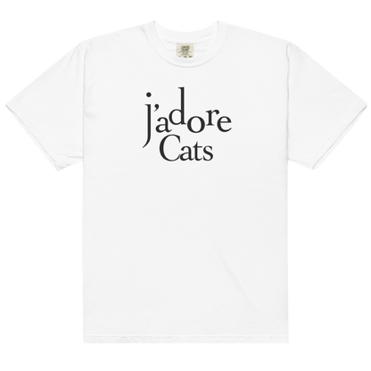 White t-shirt with 'j'adore Cats' text on a white background