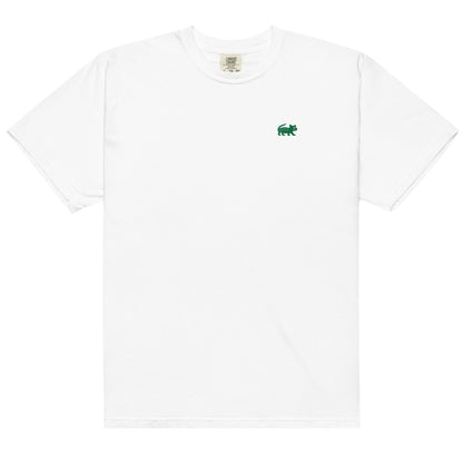 White t-shirt with a green logo on a white background