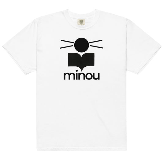 White cotton cat t-shirt with “Minou Marant” text, Maison Kitn design inspired by Isabel Marant.