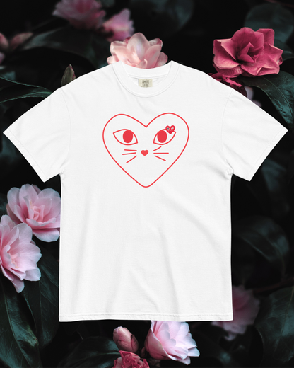 White t-shirt with red heart design featuring cat ears and eyes on a floral background
