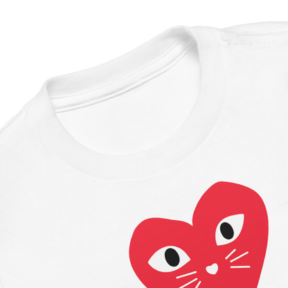 White t-shirt with a red heart-shaped cat face design on a white background