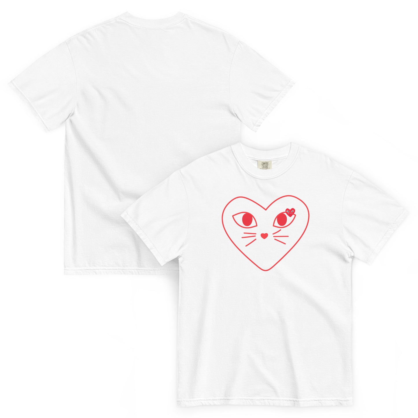 White t-shirt with red heart-shaped cat design on a white background