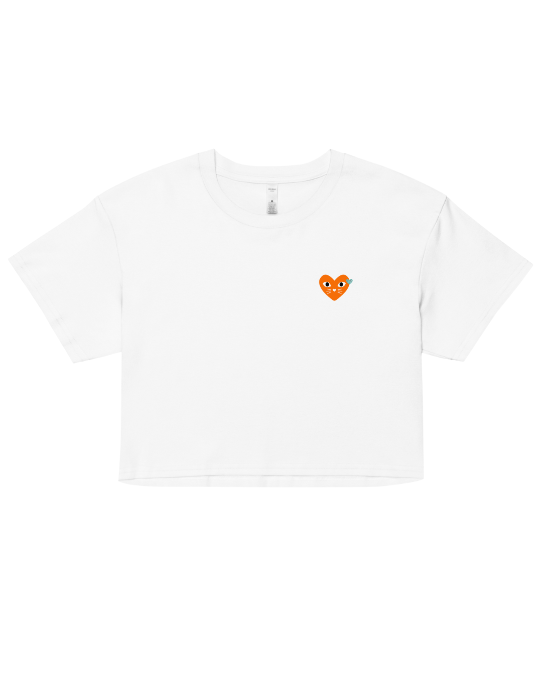 White t-shirt with a small orange logo on a white background