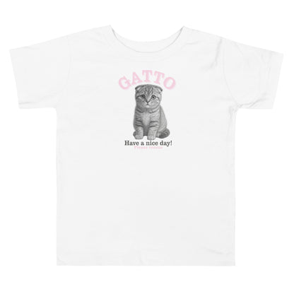 White t-shirt with a gray kitten graphic and 'Have a nice day!' text on a white background