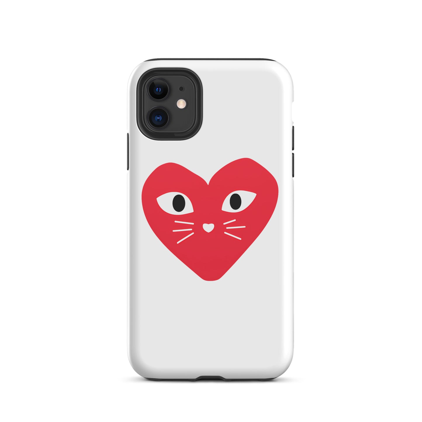 Phone case with a red heart design featuring cat eyes and whiskers on a white background