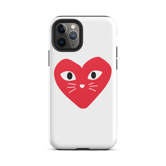 Phone case with a red heart design featuring eyes and a mouth on a white background