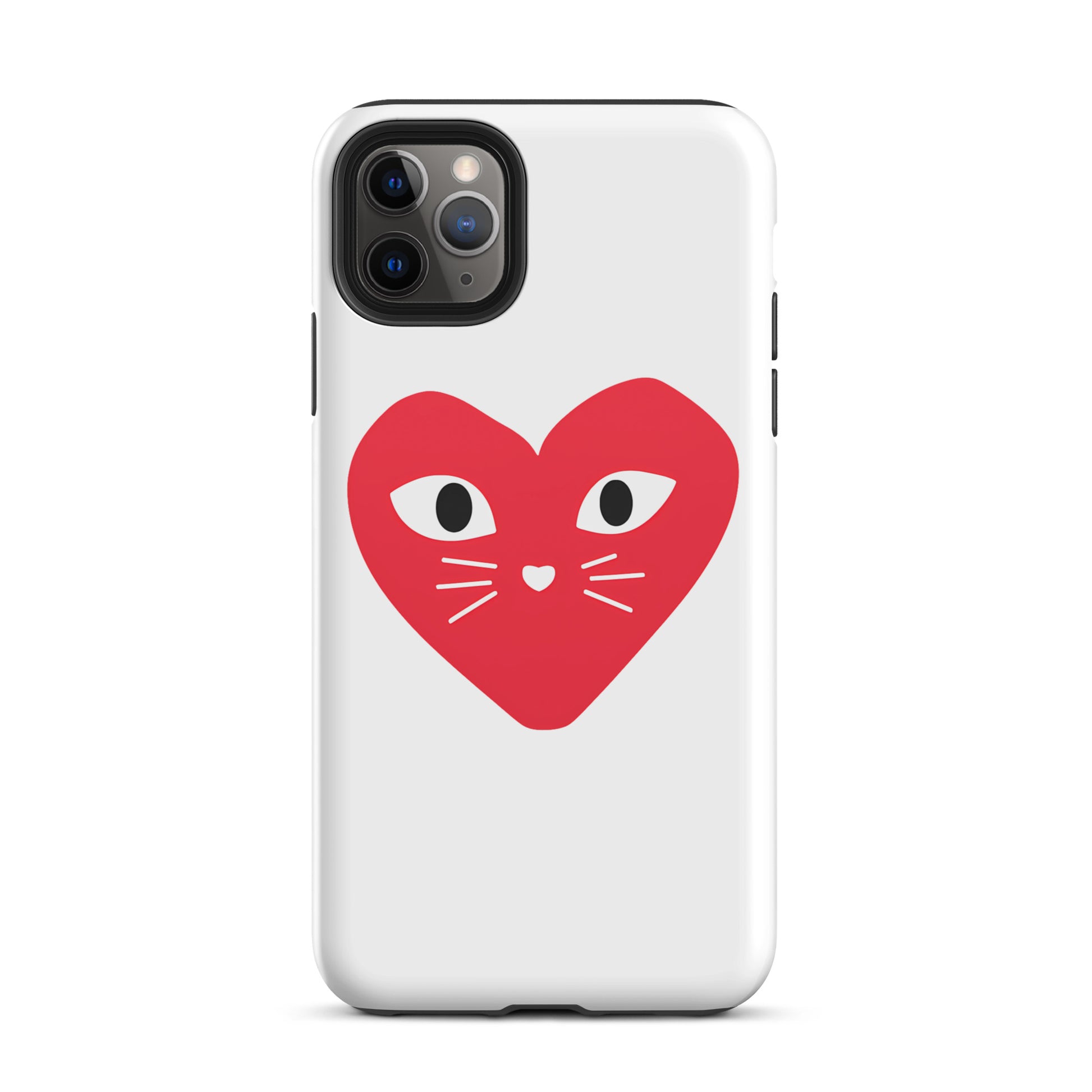 Phone case with a red heart design featuring eyes and a mouth on a white background