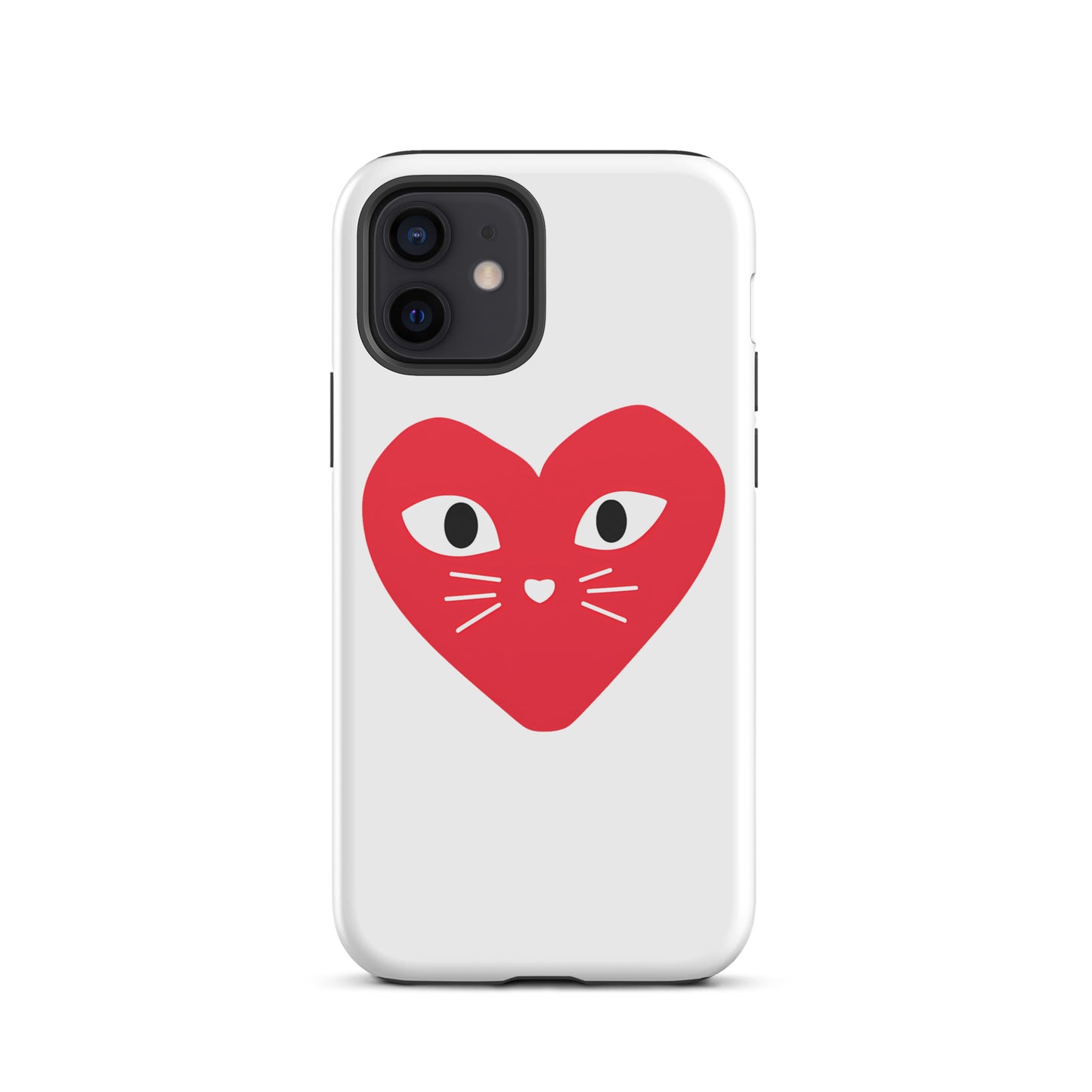 Phone case with a red heart design featuring cat eyes and whiskers on a white background