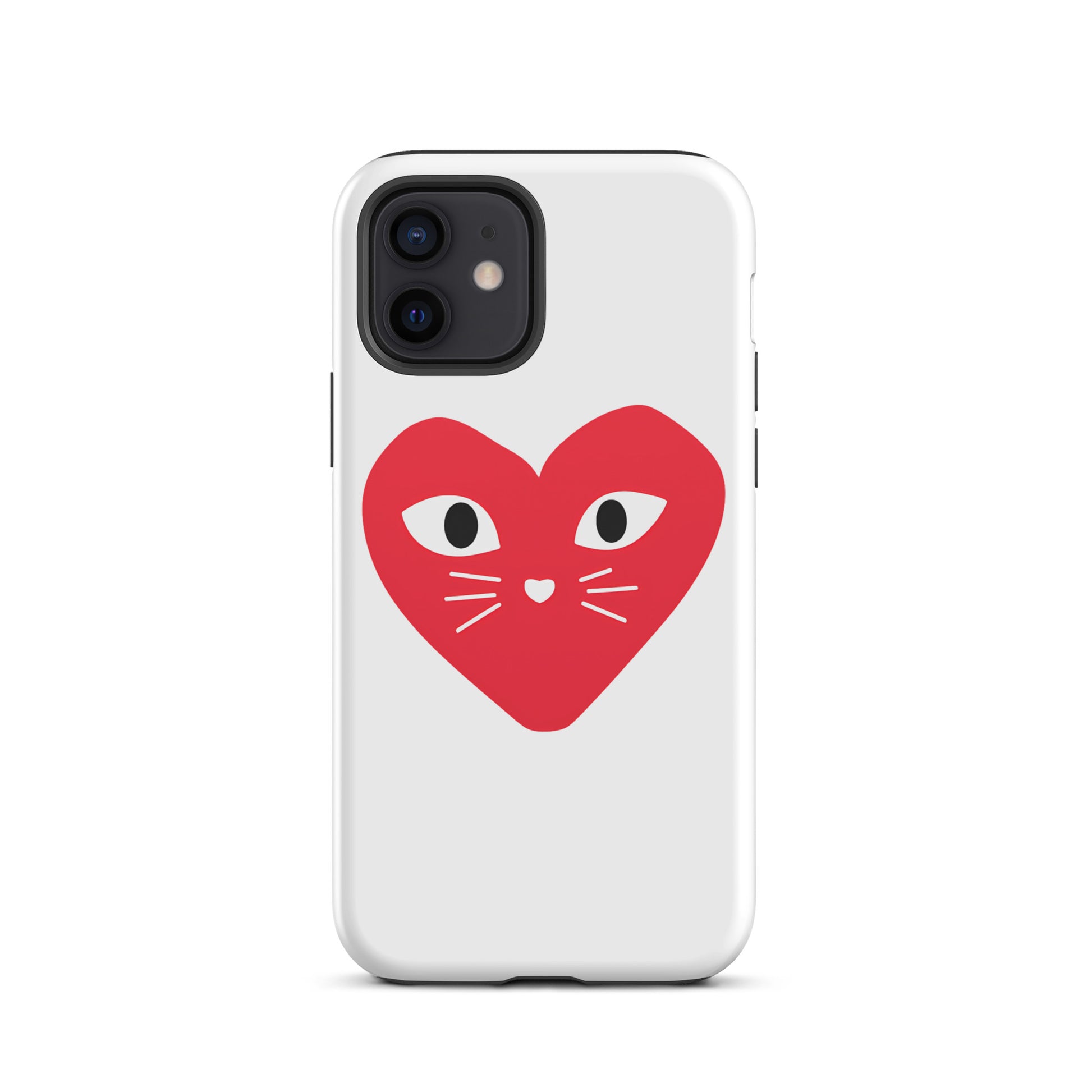 Phone case with a red heart design featuring cat eyes and whiskers on a white background