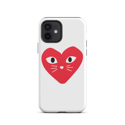 Phone case with a red heart design featuring cat eyes and whiskers on a white background