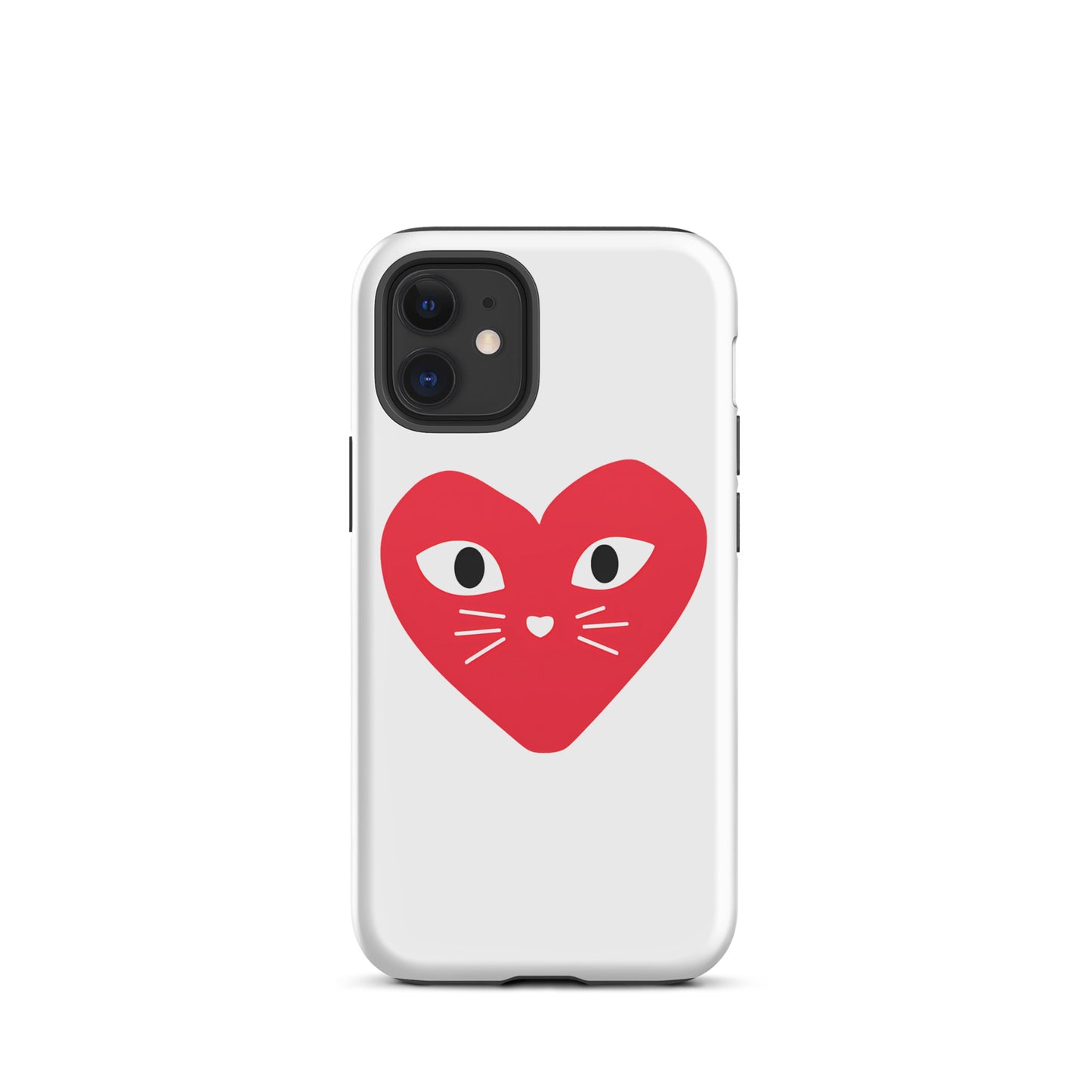 Phone case with a red heart design featuring cat eyes and whiskers on a white background