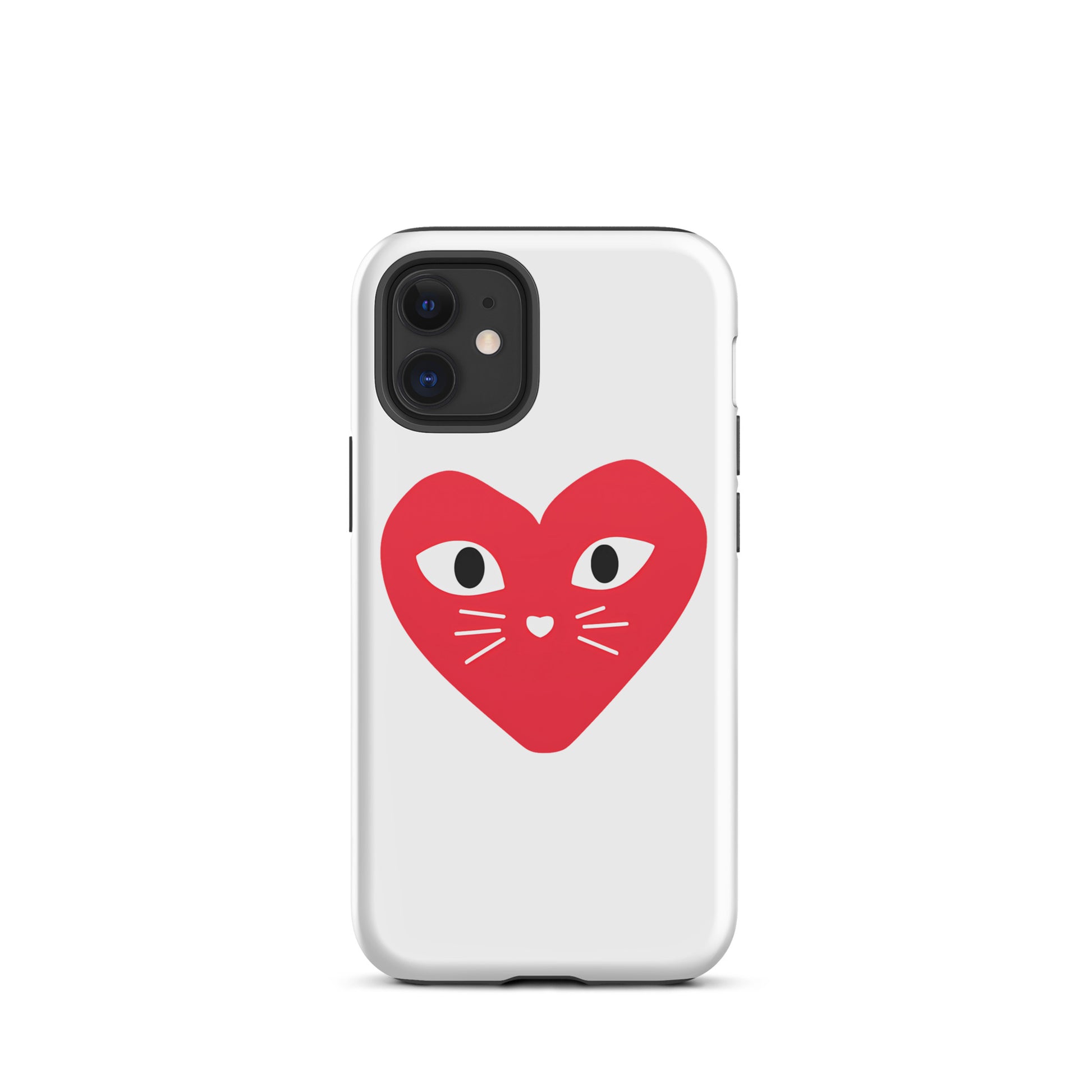 Phone case with a red heart design featuring cat eyes and whiskers on a white background