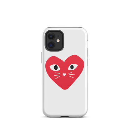 Phone case with a red heart design featuring cat eyes and whiskers on a white background