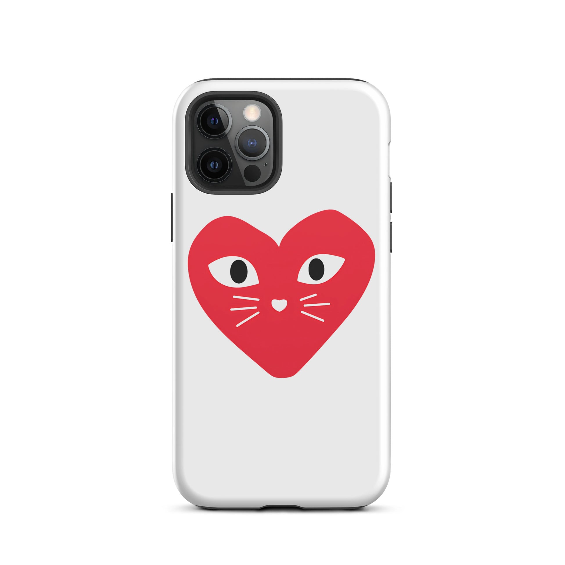 Phone case with a red heart design featuring cat eyes and whiskers on a white background