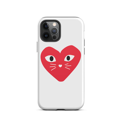 Phone case with a red heart design featuring cat eyes and whiskers on a white background
