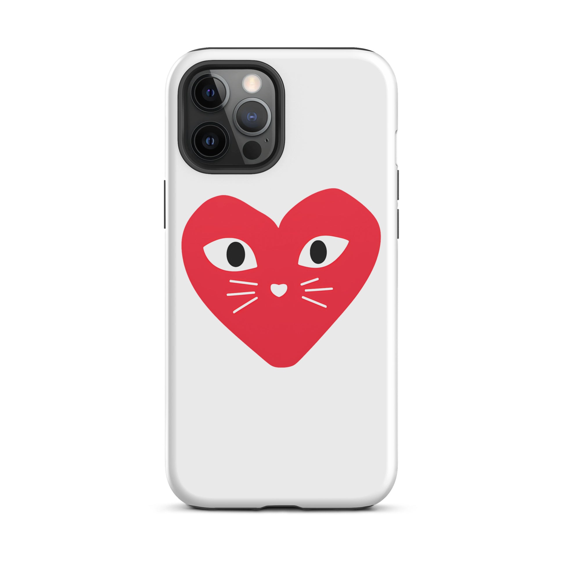 Phone case with a red heart cat design featuring eyes and a mouth on a white background