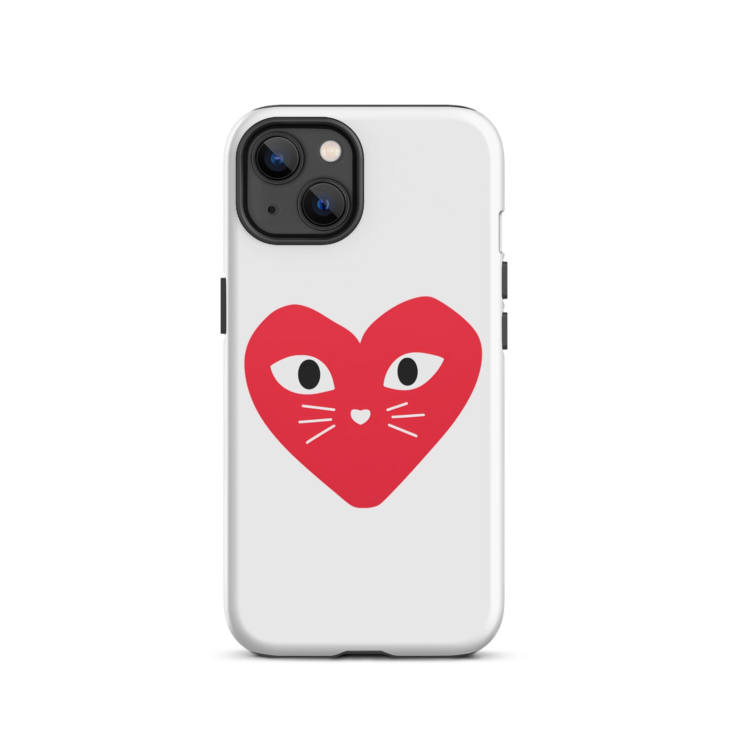 Phone case with a red heart design featuring cat eyes and a nose on a white background